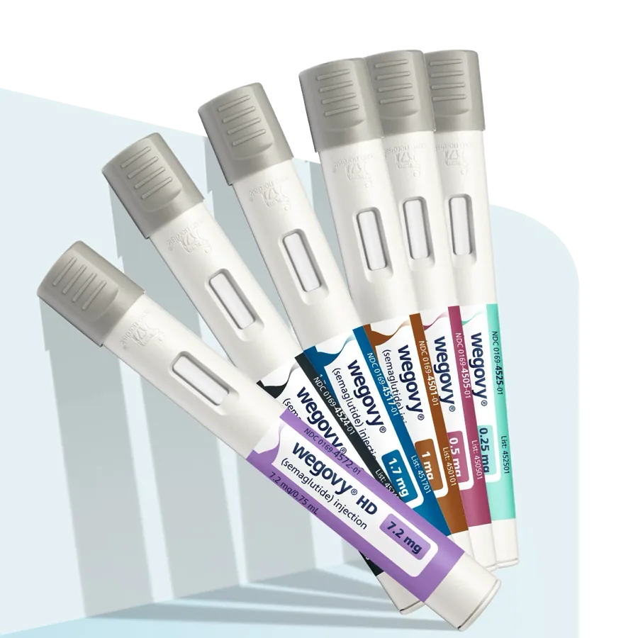Pen injeksi Wegovy (semaglutide) dalam beberapa kekuatan dosis